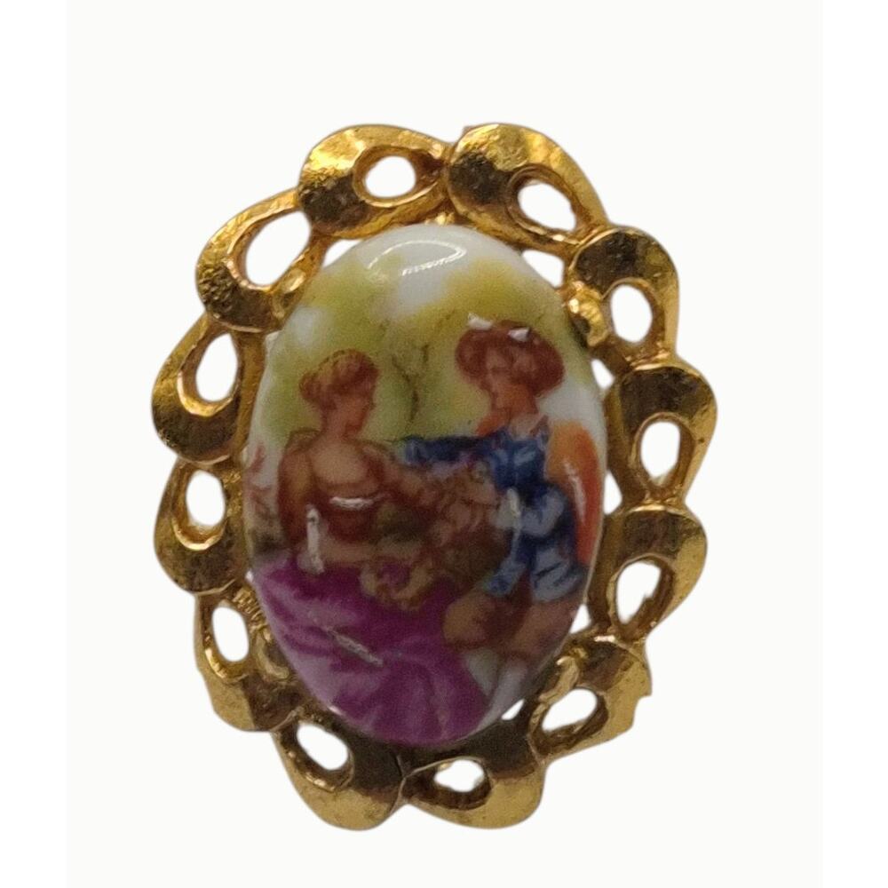 Vintage Limoges Style Porcelain Brooch Courting Scene Gold Tone